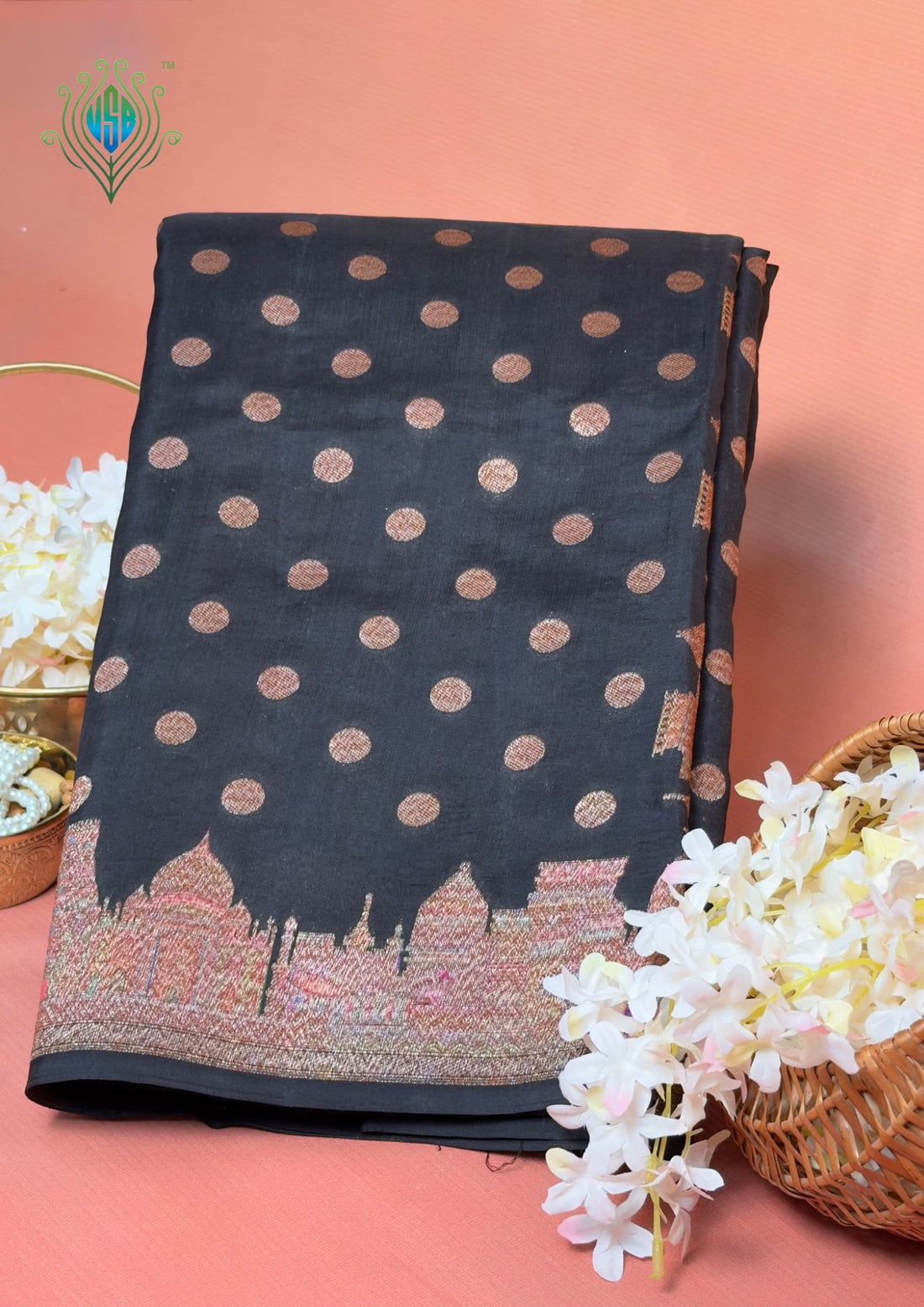 VIRASAT 429: Pure Silk Banarasi Saree with Heritage Ghat Border, Antique Zari Meenakari &amp; Polka Dot Weaving