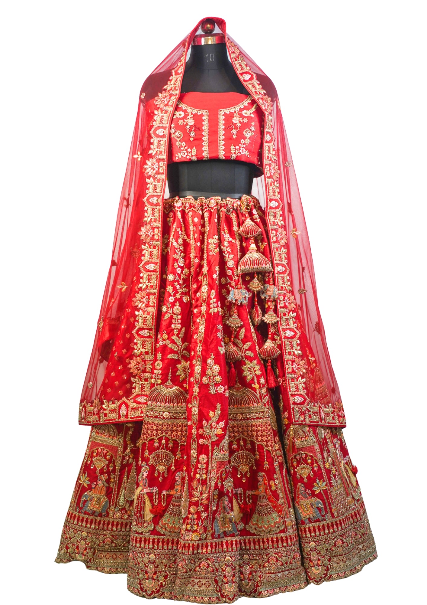 "MANSI 036" Banarasi Munga Silk Lehenga in Bridal Red With Cutwork Border & AD Work – A Regal Masterpiece