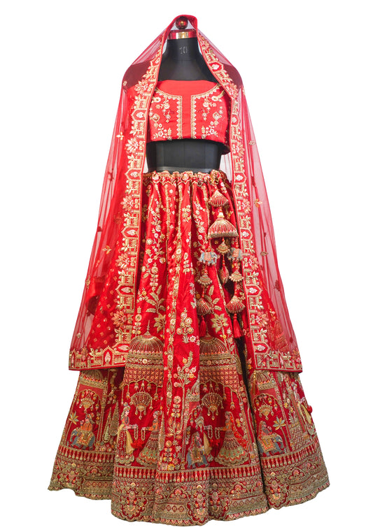 "MANSI 036" Banarasi Munga Silk Lehenga in Bridal Red With Cutwork Border & AD Work – A Regal Masterpiece