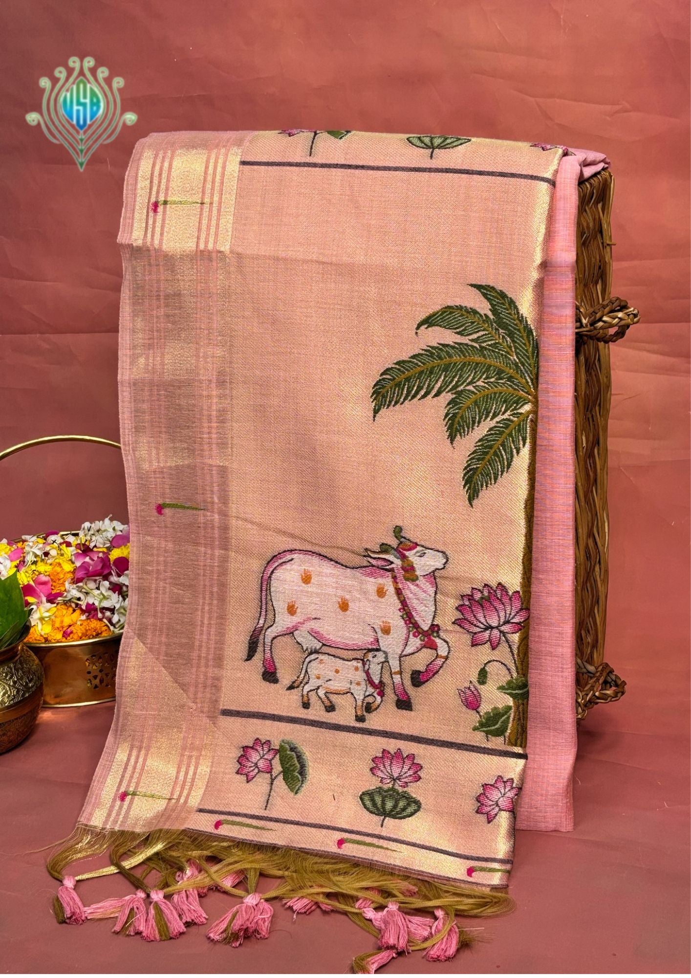 Utsav Banaras 375: Pastel Peach Handwoven Jamdani Saree with Pichwai-Inspired Cow &amp; Lotus Motifs