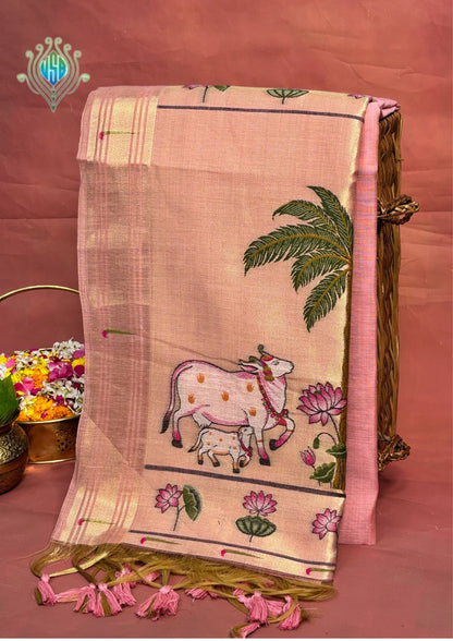 Utsav Banaras 375: Pastel Peach Handwoven Jamdani Saree with Pichwai-Inspired Cow &amp; Lotus Motifs