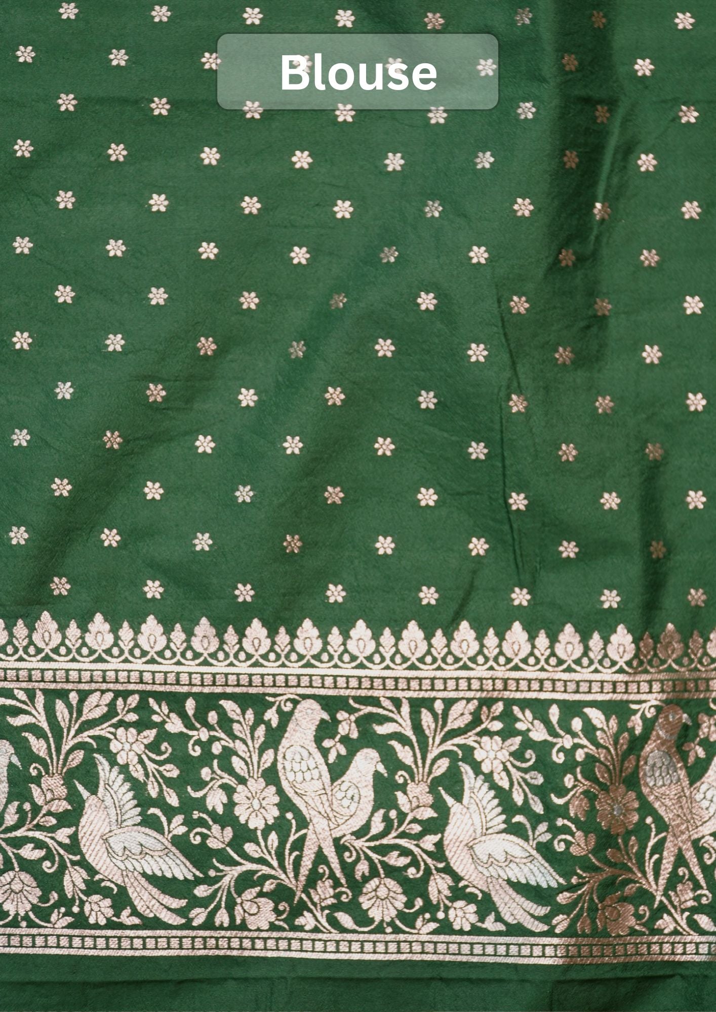 Waah Banaras 181D: Bottle Green Semi Katan Silk Saree With Beautiful Bird Border