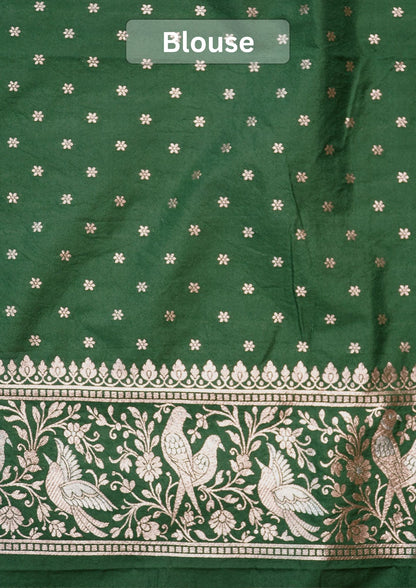 Waah Banaras 181D: Bottle Green Semi Katan Silk Saree With Beautiful Bird Border