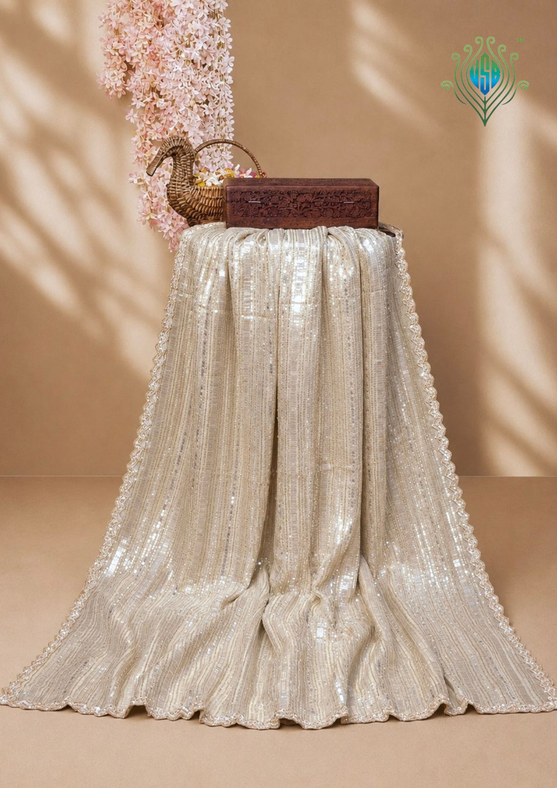 VIRASAT 413: Beige Tissue Organza Silk Saree with Cutdana, Pearl &amp; Sequin Handwork
