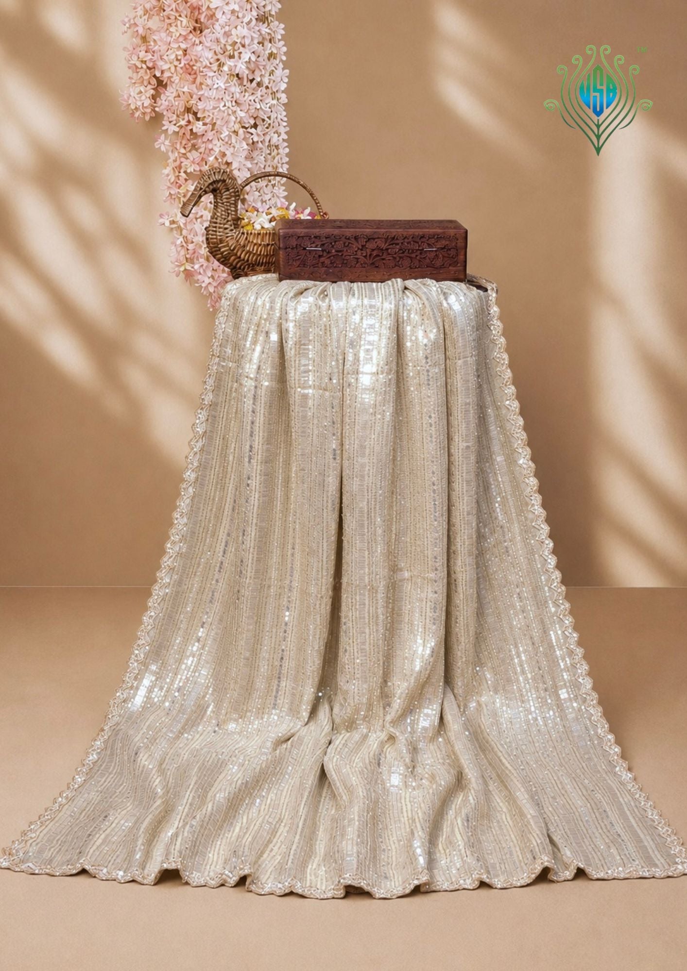 VIRASAT 413: Beige Tissue Organza Silk Saree with Cutdana, Pearl &amp; Sequin Handwork
