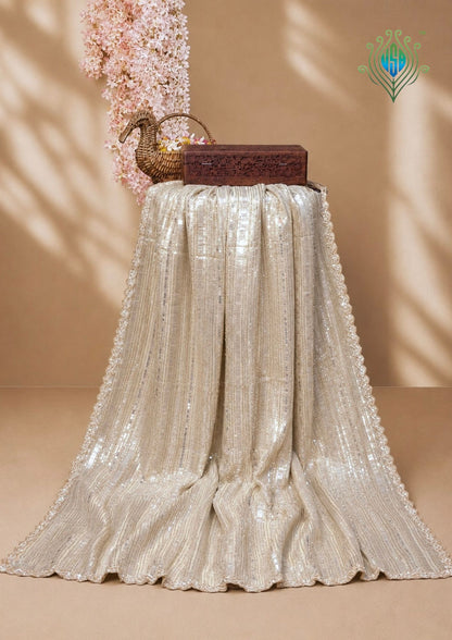 VIRASAT 413: Beige Tissue Organza Silk Saree with Cutdana, Pearl &amp; Sequin Handwork