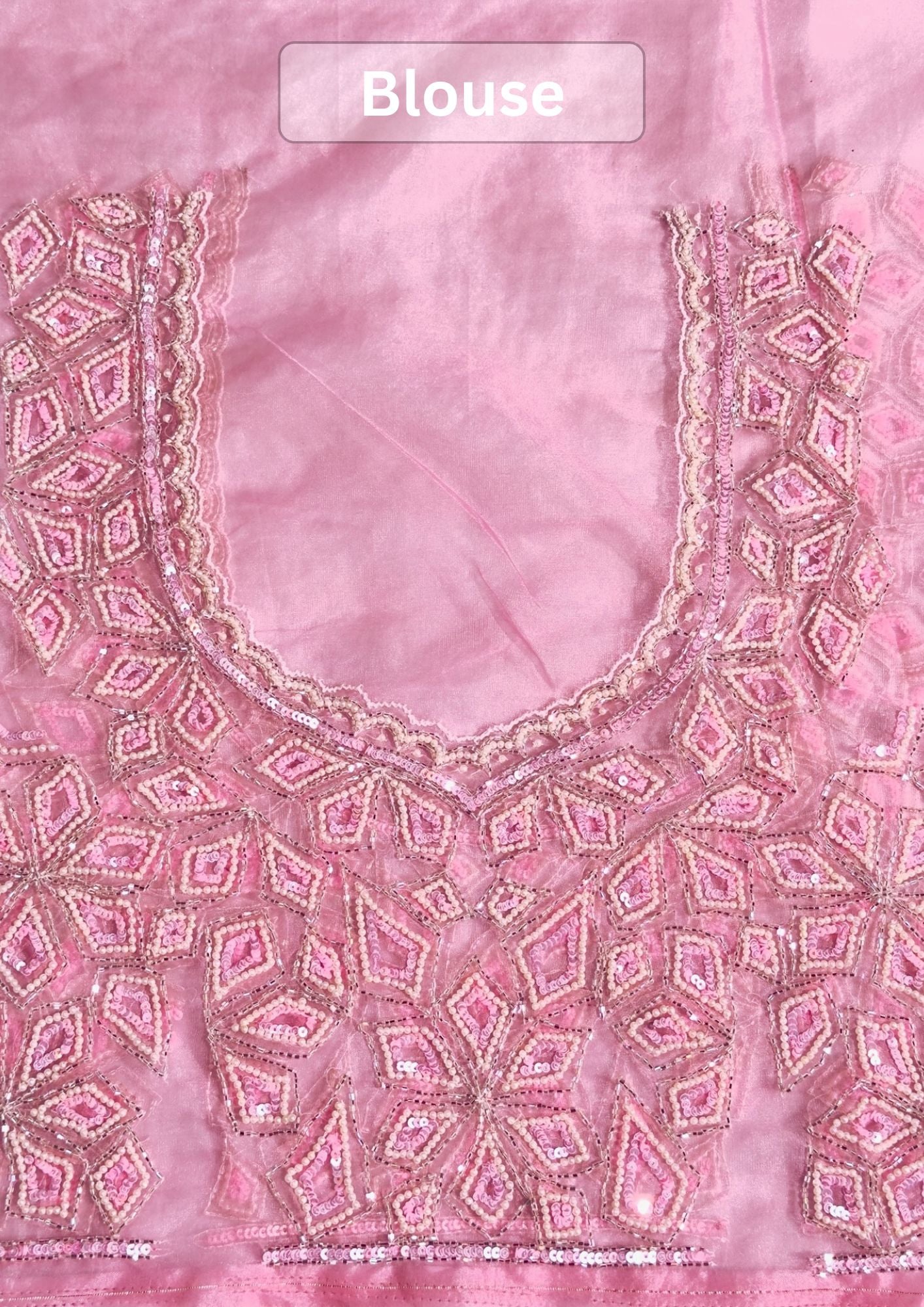 VIRASAT 412: Blush Pink Organza Silk Saree with Cutdana, Pearl &amp; Sequin Handwork