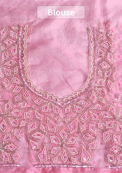 VIRASAT 412: Blush Pink Organza Silk Saree with Cutdana, Pearl &amp; Sequin Handwork