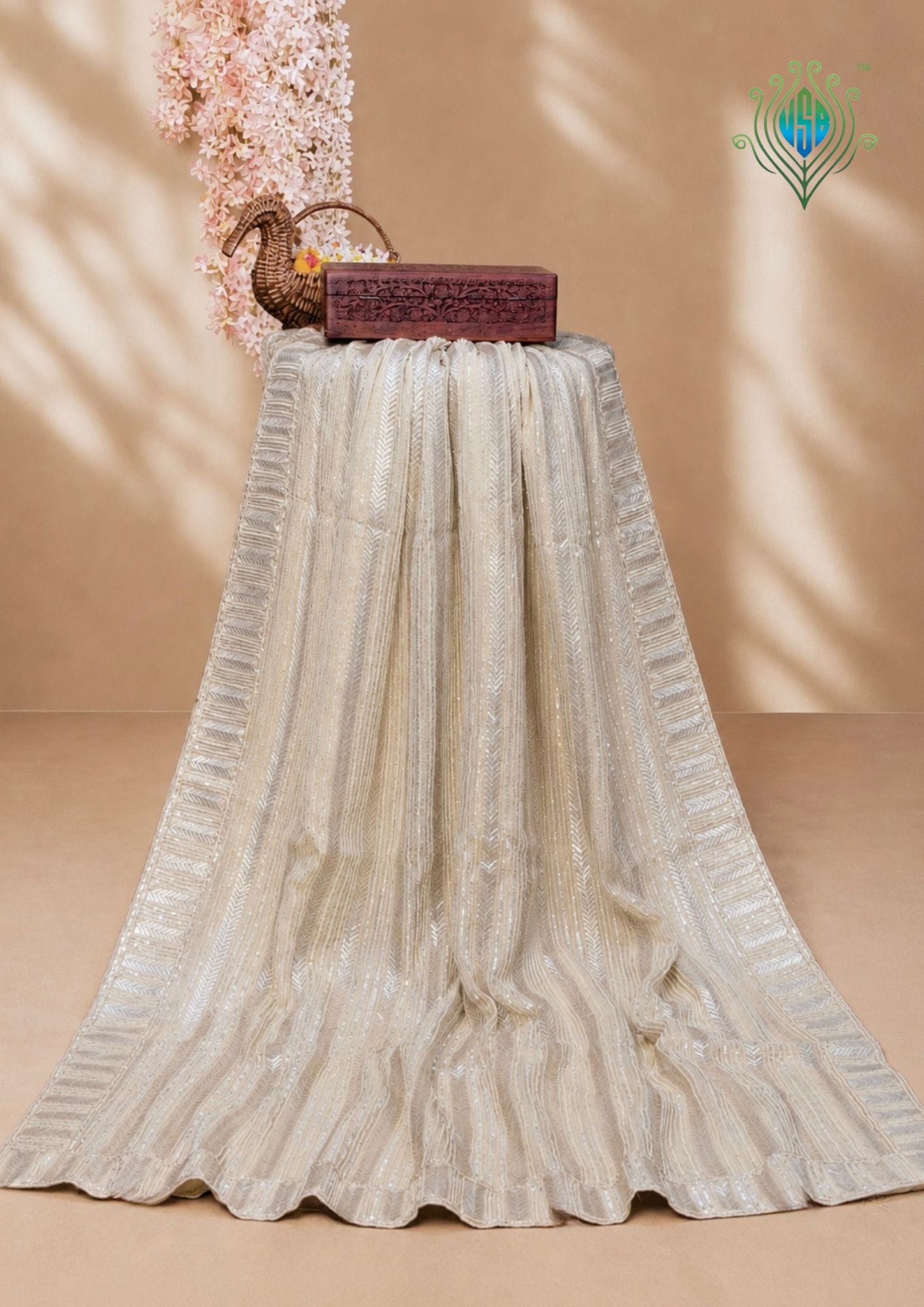 VIRASAT 411: Champagne Gold Tissue Organza Silk Saree with Cutdana, Pearl &amp; Sequin Handwork