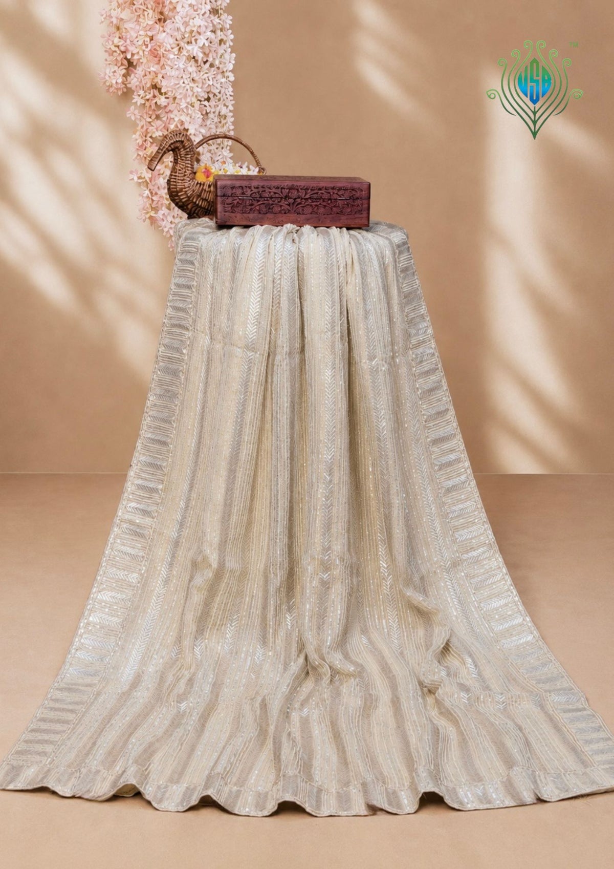 VIRASAT 411: Champagne Gold Tissue Organza Silk Saree with Cutdana, Pearl &amp; Sequin Handwork