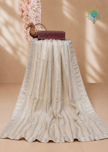 VIRASAT 411: Champagne Gold Tissue Organza Silk Saree with Cutdana, Pearl &amp; Sequin Handwork