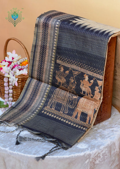 UTSAV BANARAS 383: Elegant Beige Tussar Silk Saree with Kalamkari Floral Print &amp; Royal Elephant Border