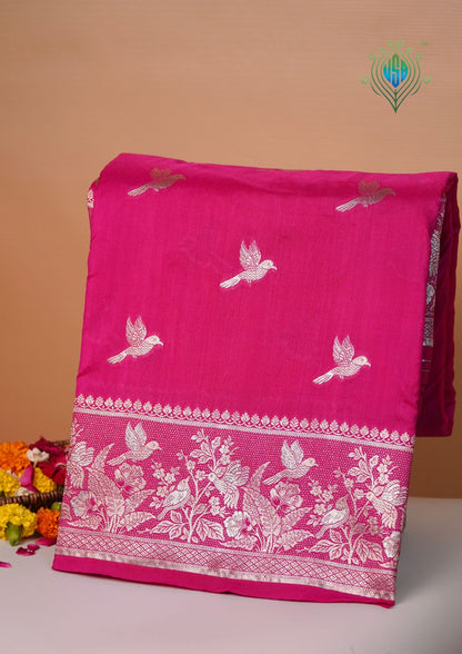 Waah Banaras 182B: Fuchsia Pink Semi Katan Silk Saree With Beautiful Bird Border