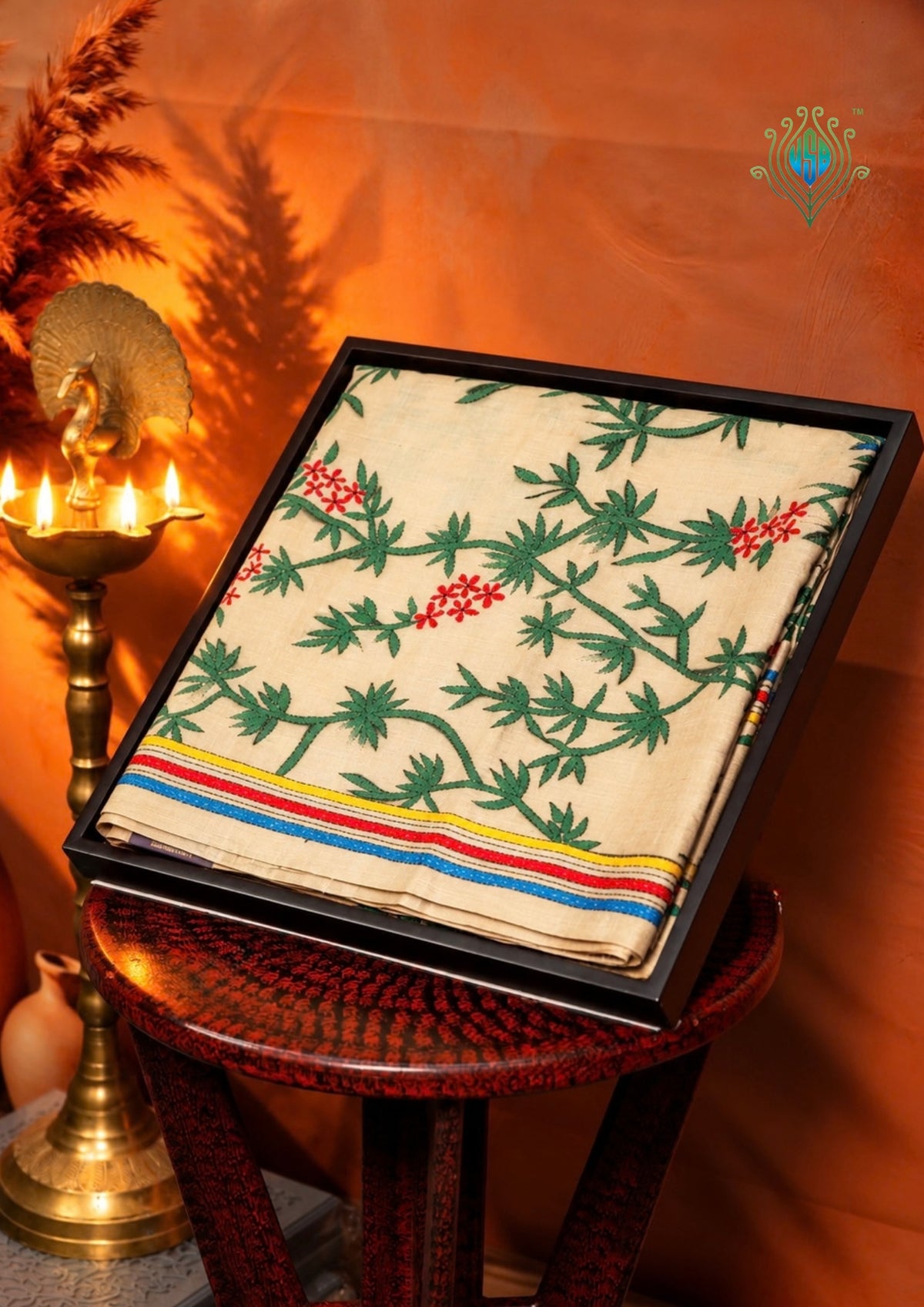 VIRASAT 363: Classic Beige Pure Tussar Silk Saree with Floral Vine Cross Stitch Work | Silk Mark Certified