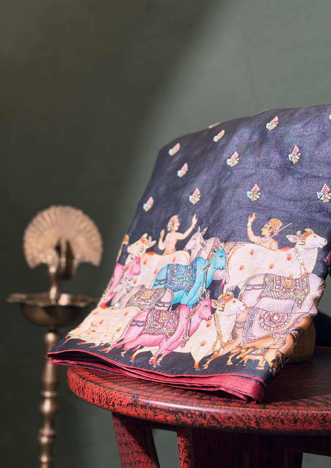 "Founder Choice 012" Banarasi Carbon Color Artistic Handwork Pure Silk Saree With Pichwai Cow Motifs