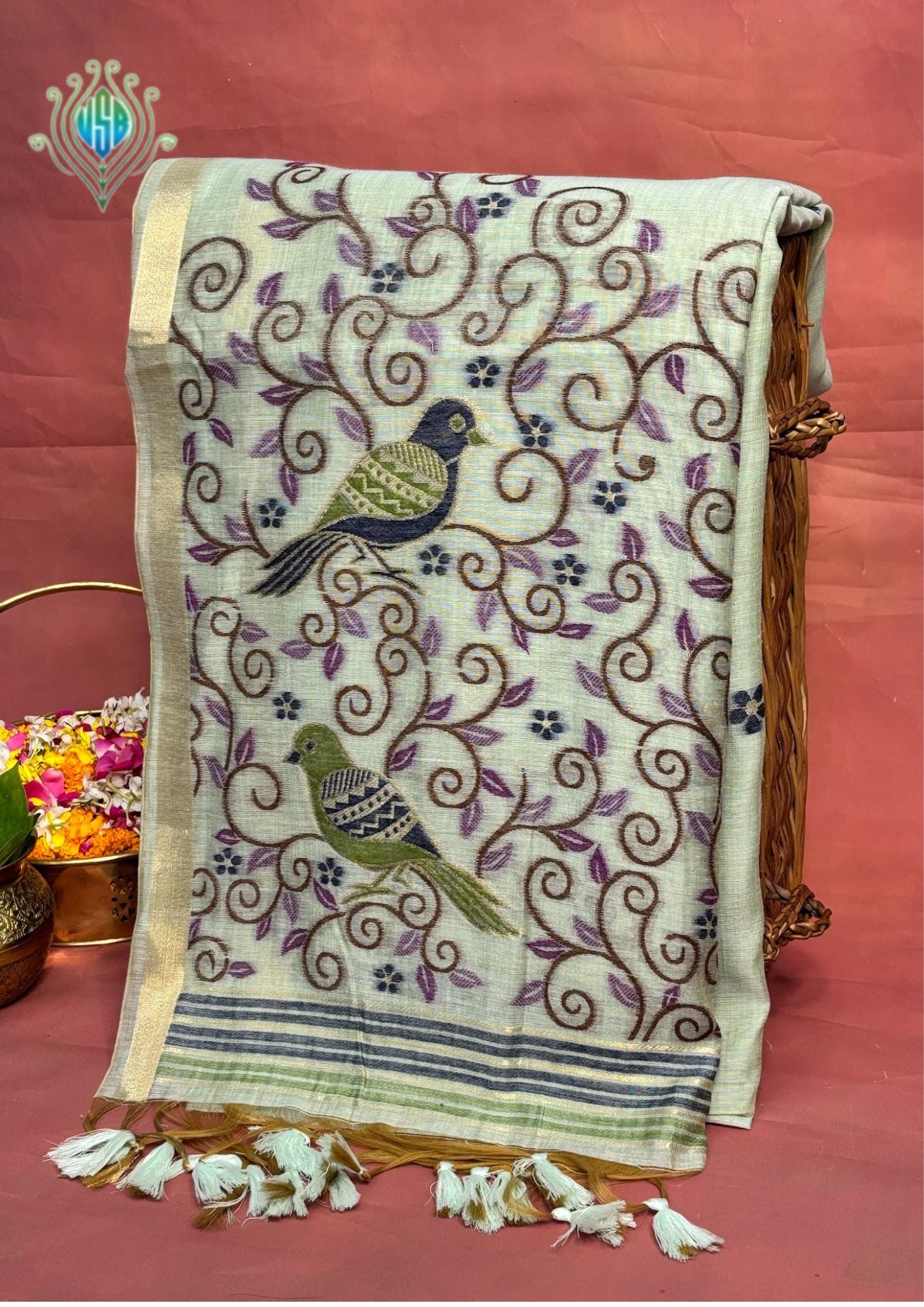 Utsav Banaras 377: Mint Green Handwoven Jamdani Saree with Elegant Bird &amp; Floral Jaal