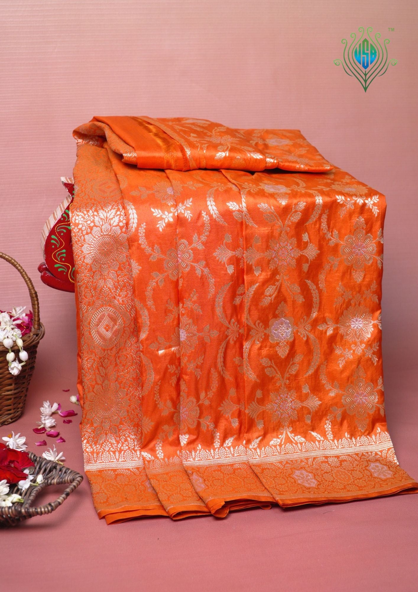 VIRASAT 440: Safety Orange Pure Katan Silk Alfi Saree with Sona Rupa Zari Floral Jaal &amp; Zari Border | Silk Mark Certified