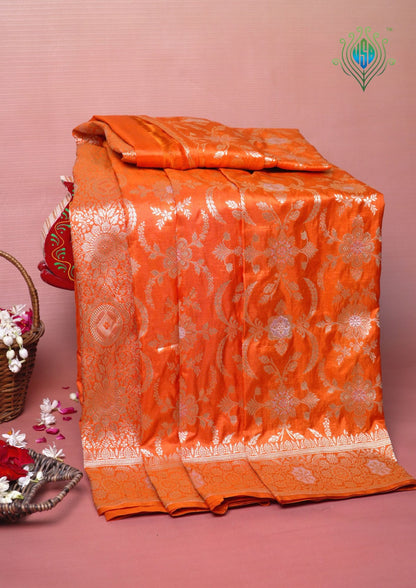 VIRASAT 440: Safety Orange Pure Katan Silk Alfi Saree with Sona Rupa Zari Floral Jaal &amp; Zari Border | Silk Mark Certified