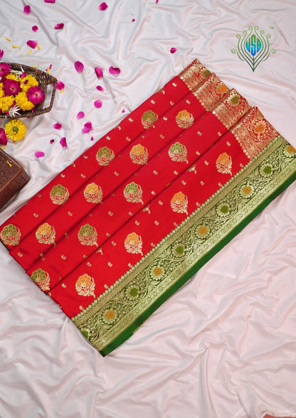 Waah Banaras 168: Dulhan Red Satin Banarasi Silk Saree with Meenakari Boota