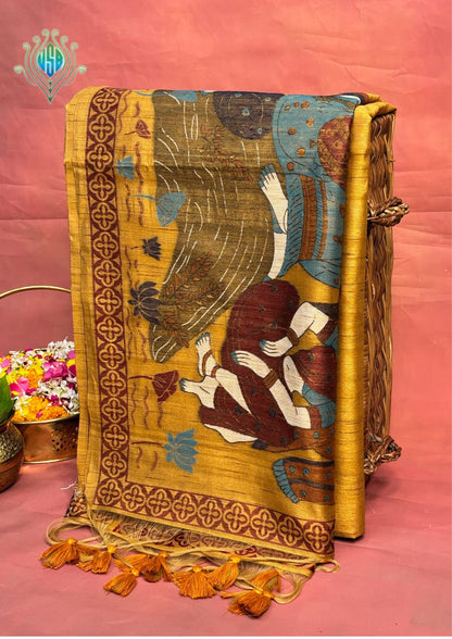 Utsav Banaras 378: Mustard Yellow Handwoven Jamdani Saree with Artistic Pichwai-Inspired Motifs