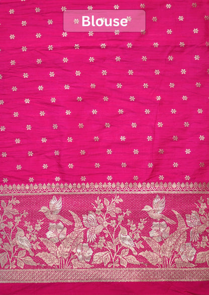 Waah Banaras 182B: Fuchsia Pink Semi Katan Silk Saree With Beautiful Bird Border