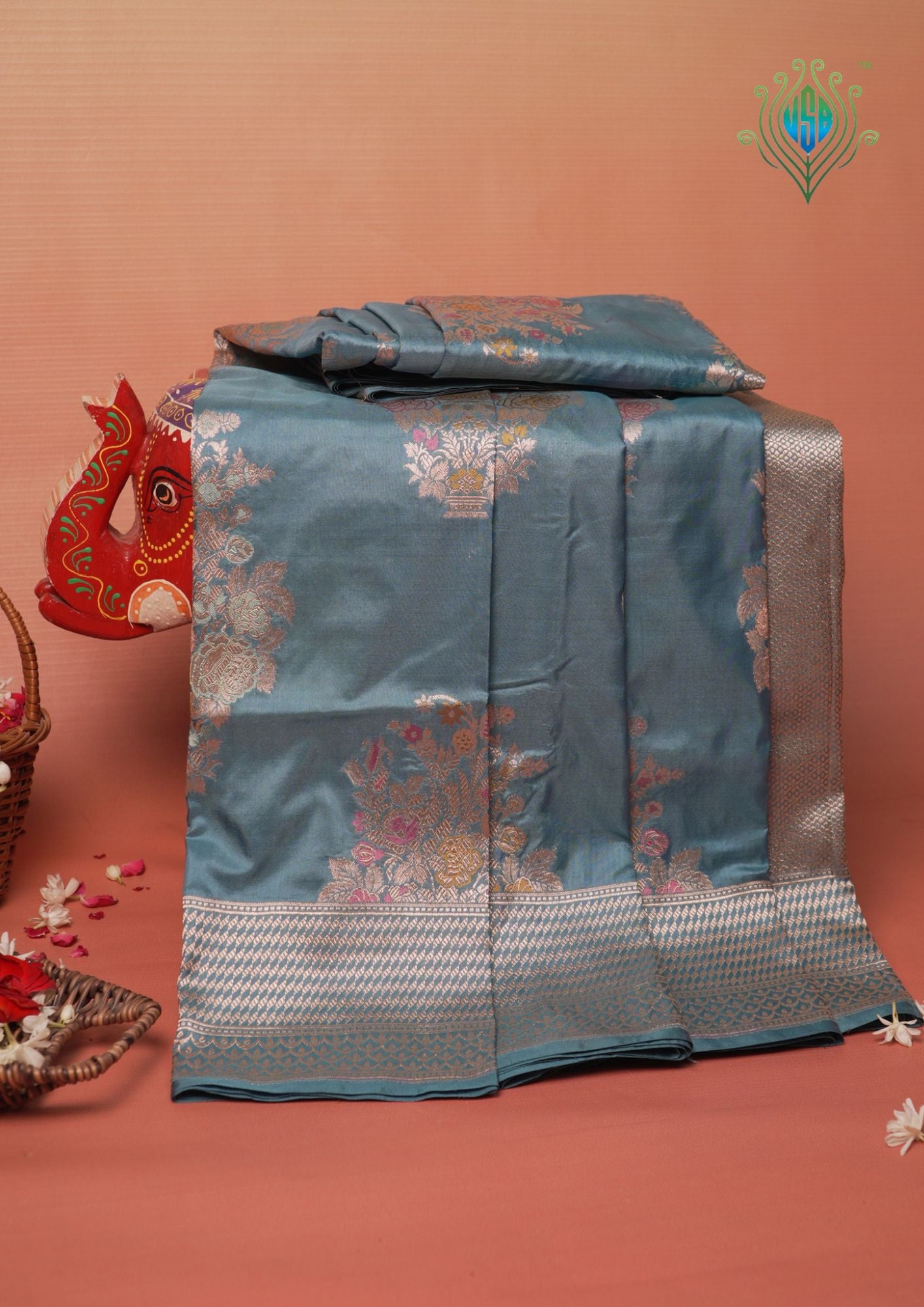 VIRASAT 448: Aqua Blue Pure Katan Silk Meenakari Tilfi Saree with Kadwa Zari Floral Buta &amp; Kadwa Zari Border | Silk Mark Certified