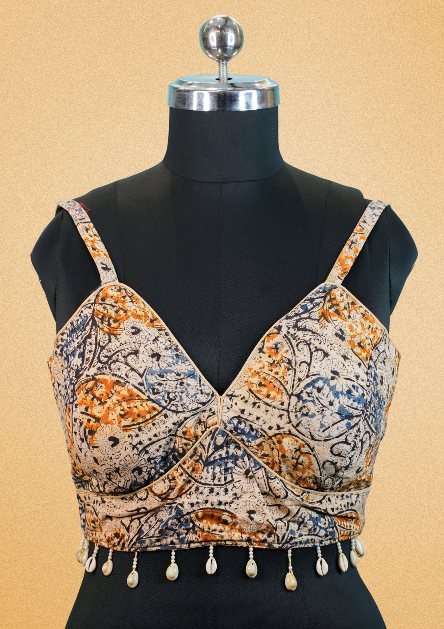 "RDM BL 024" Banarasi Stylish Sleeveless Blouse With Boho Print & Cowrie Shells