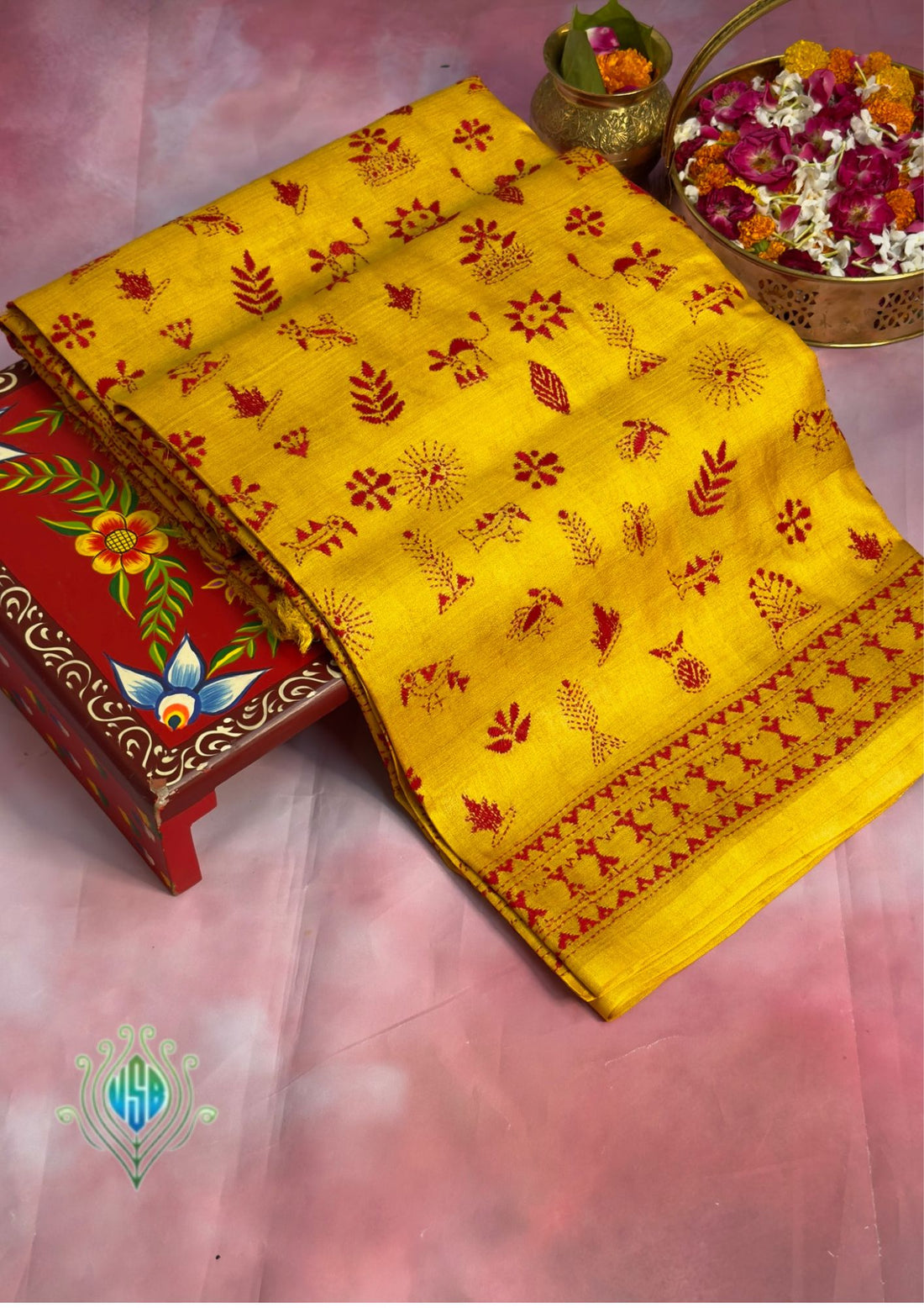 VIRASAT 356: Amber Yellow Pure Tussar Silk Saree with Intricate Cross Stitch Work | Silk Mark Certified