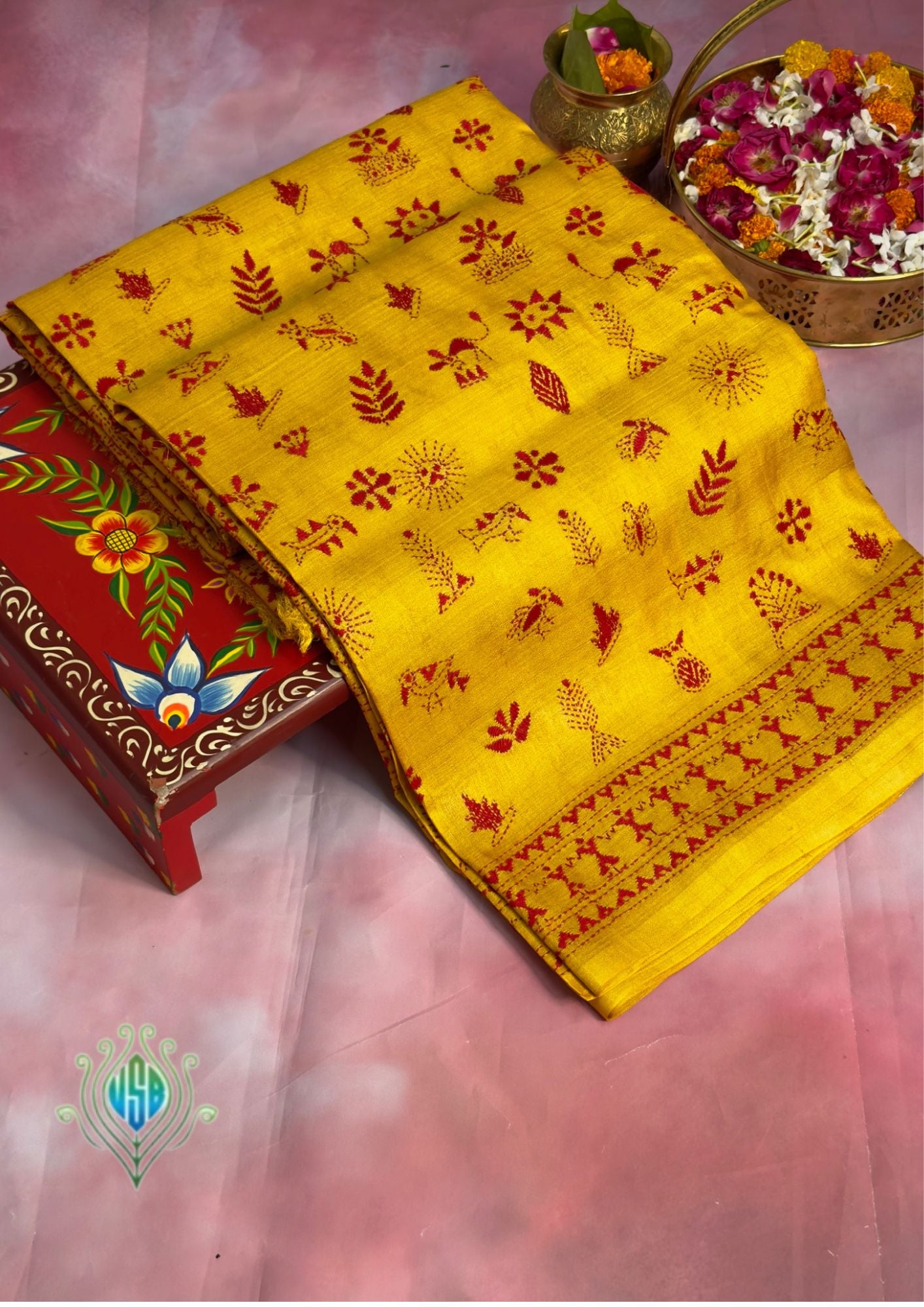 VIRASAT 356: Amber Yellow Pure Tussar Silk Saree with Intricate Cross Stitch Work | Silk Mark Certified