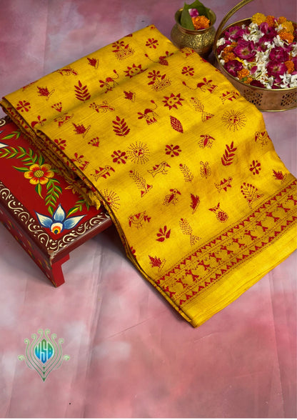 VIRASAT 356: Amber Yellow Pure Tussar Silk Saree with Intricate Cross Stitch Work | Silk Mark Certified