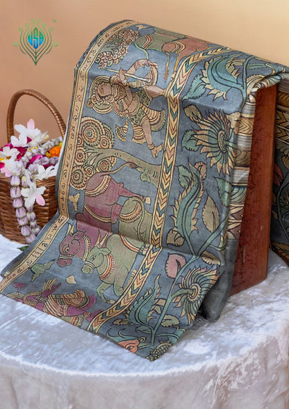 UTSAV BANARAS 392: Elegant Teal Grey tussar Silk Saree with Traditional Pen Kalamkari Narrative Print
