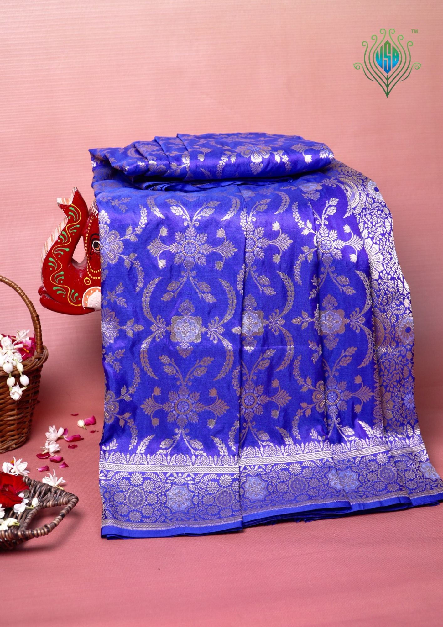 VIRASAT 441: Persian Blue Pure Katan Silk Alfi Saree with Sona Rupa Zari Floral Jaal &amp; Zari Border | Silk Mark Certified