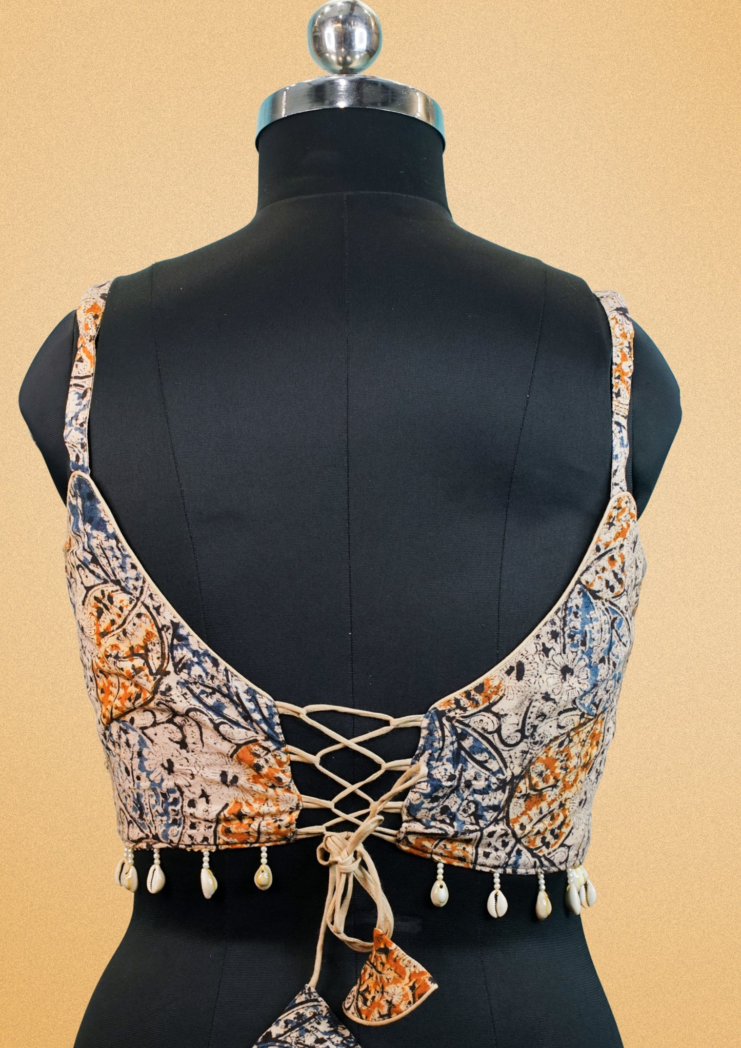 "RDM BL 024" Banarasi Stylish Sleeveless Blouse With Boho Print & Cowrie Shells