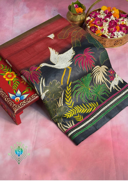 Virasat 360: Tri-Tone Ombre Pure Tussar Silk Saree with Cross Stitch Art | Silk Mark Certified