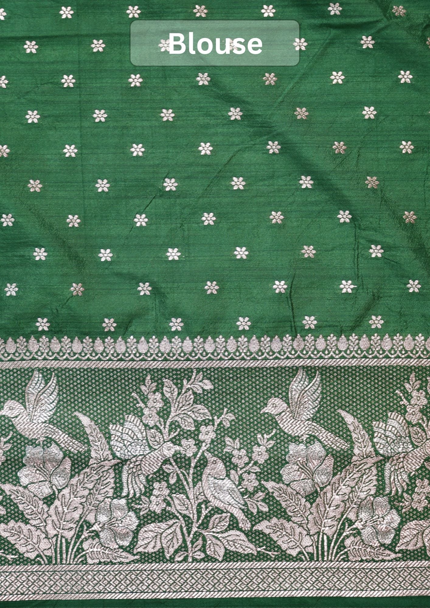 Waah Banaras 182C: Rifle green Semi Katan Silk Saree With Beautiful Bird Border