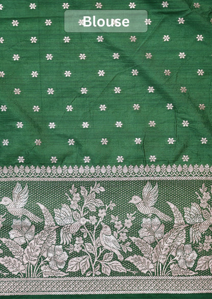 Waah Banaras 182C: Rifle green Semi Katan Silk Saree With Beautiful Bird Border