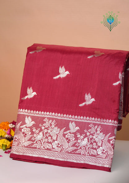 Waah Banaras 182D: Crimson Maroon Semi Katan Silk Saree With Beautiful Bird Border