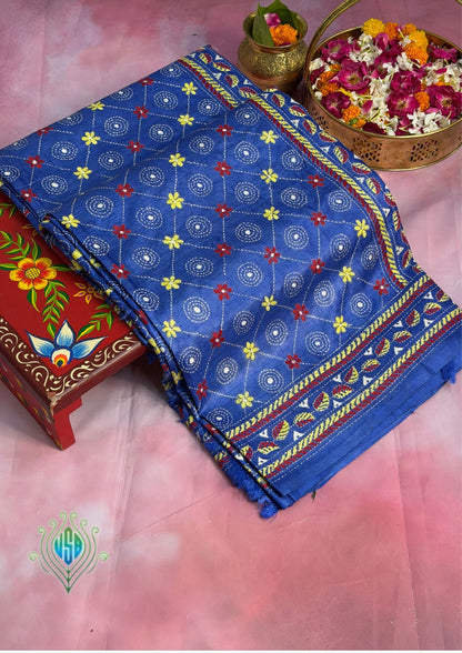 Virasat 355: Royal Blue Pure Tussar Silk Saree with Intricate Cross Stitch Work | Silk Mark Certified