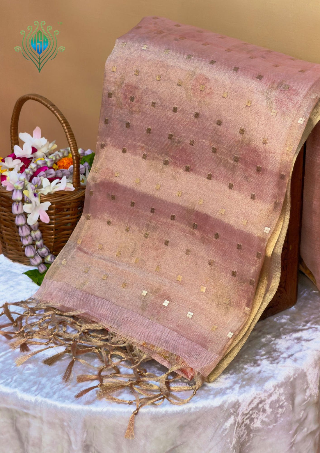 UTSAV BANARAS 391: Tissue Silk Digital Printed Saree Rose Gold with Floral print woven sequence work on Palla