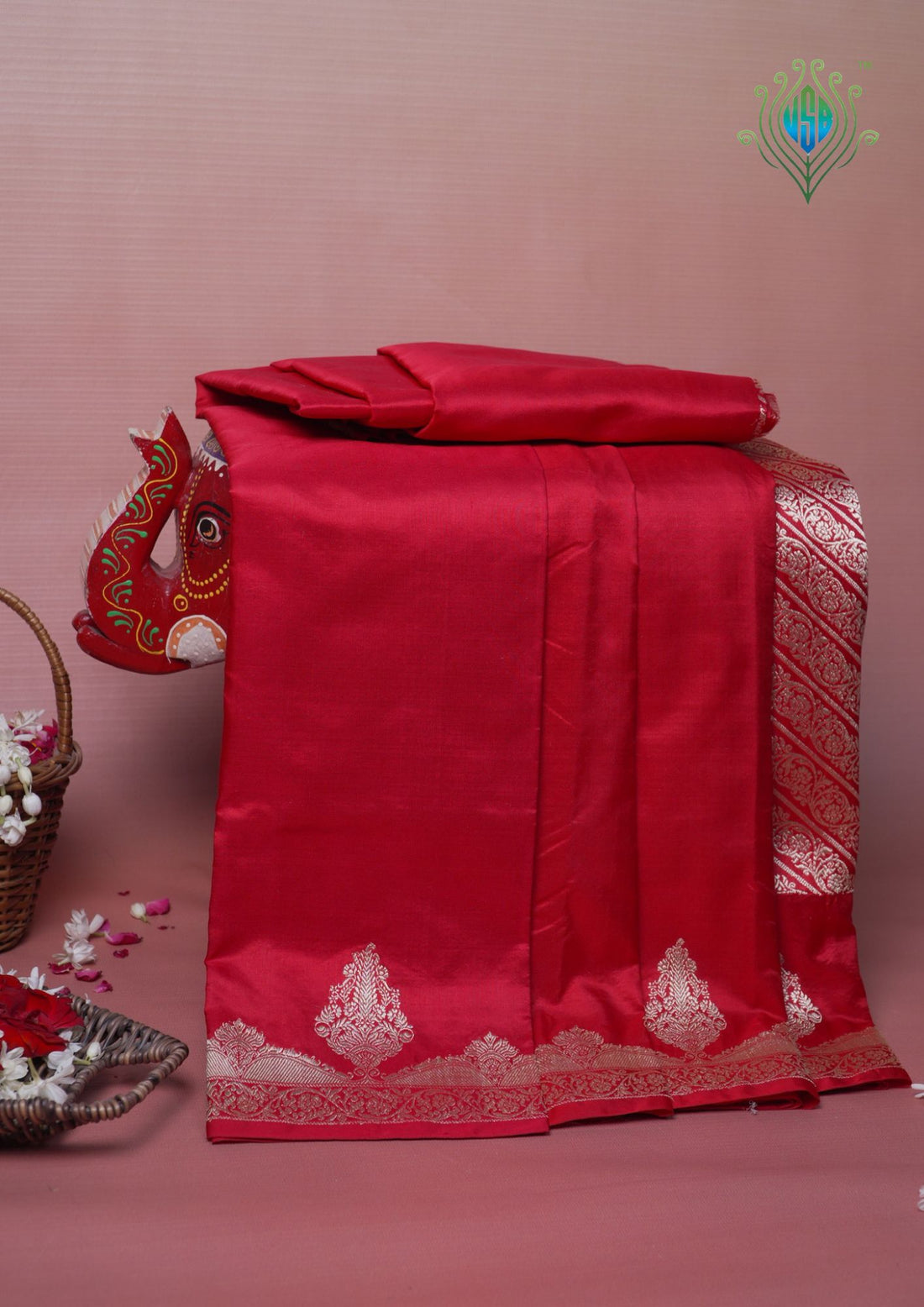 VIRASAT 444:Crimson Red Pure Katan Silk Saree with Kadwa Zari Scallop Border | Silk Mark Certified
