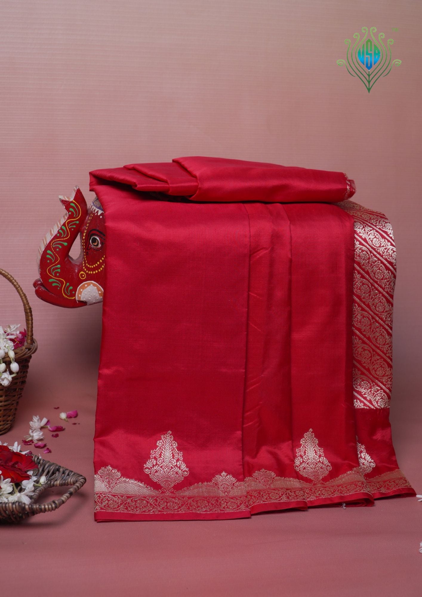 VIRASAT 444:Crimson Red Pure Katan Silk Saree with Kadwa Zari Scallop Border | Silk Mark Certified