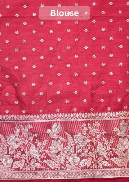 Waah Banaras 182D: Crimson Maroon Semi Katan Silk Saree With Beautiful Bird Border