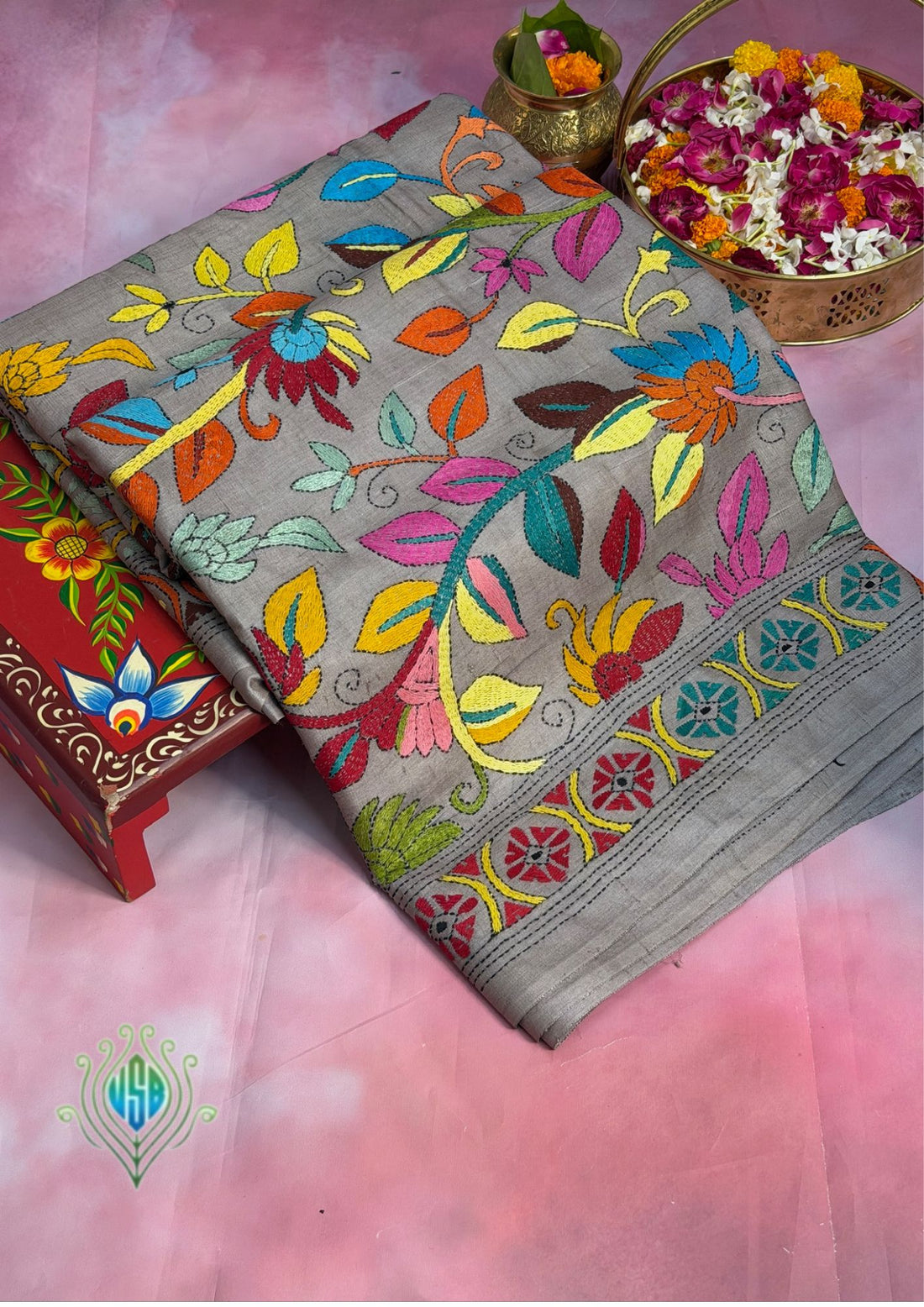 VIRASAT 362: Champagne Rose Pure Tussar Silk Saree with Multicolor Cross Stitch Art | Silk Mark Certified
