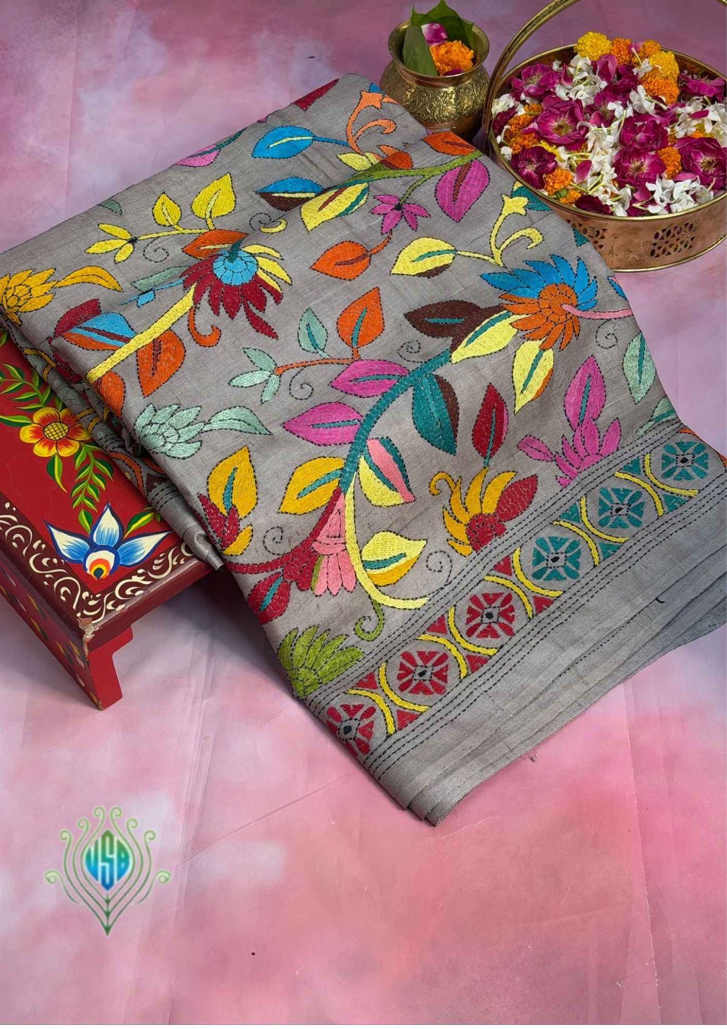 VIRASAT 362: Champagne Rose Pure Tussar Silk Saree with Multicolor Cross Stitch Art | Silk Mark Certified