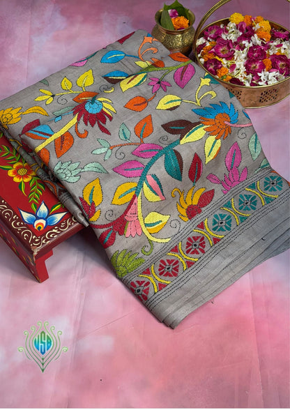 VIRASAT 362: Champagne Rose Pure Tussar Silk Saree with Multicolor Cross Stitch Art | Silk Mark Certified