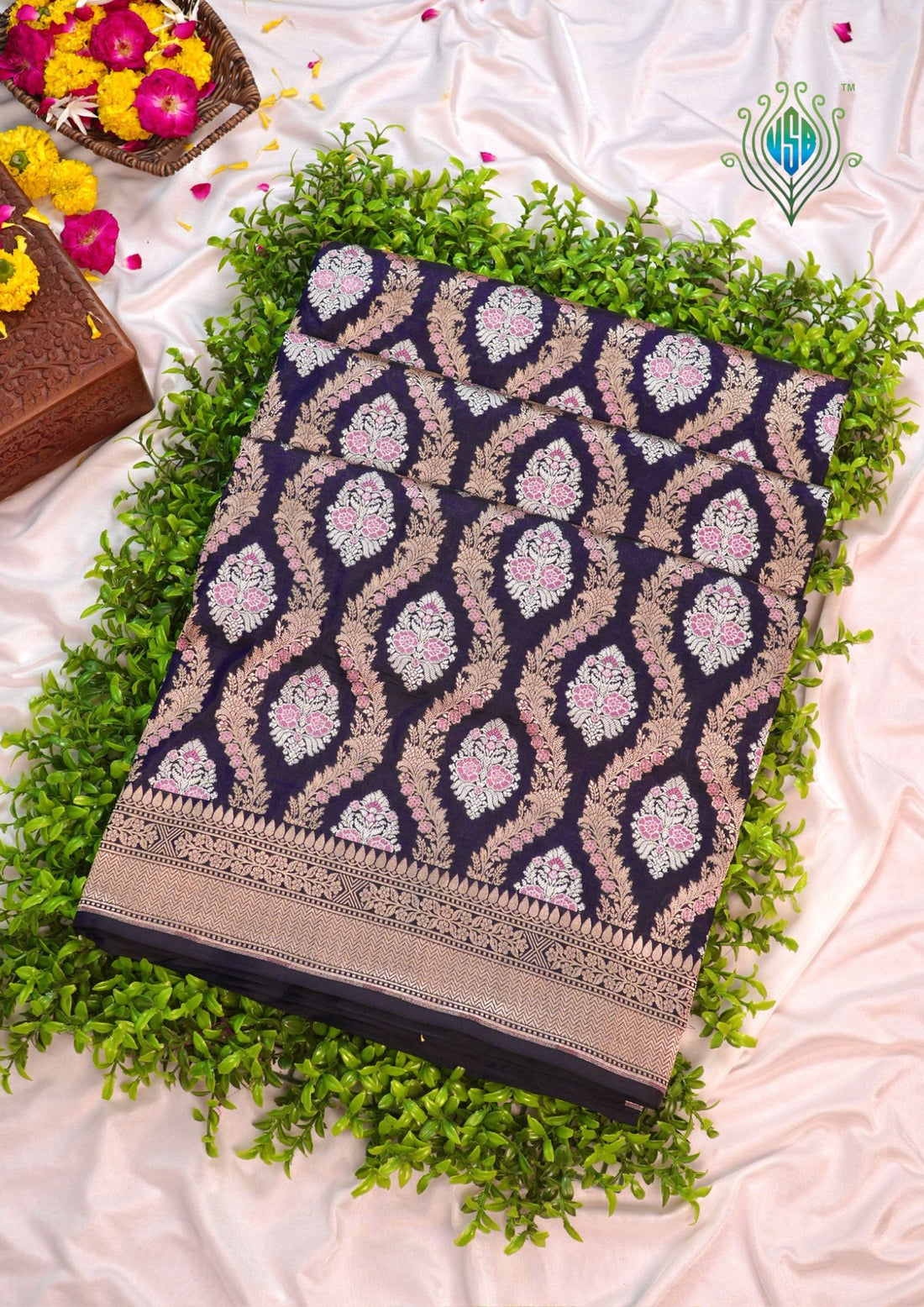 VIRASAT 211A: Pure Handloom Silk Sona Rupa Meenakari Jaal Saree Ink Blue