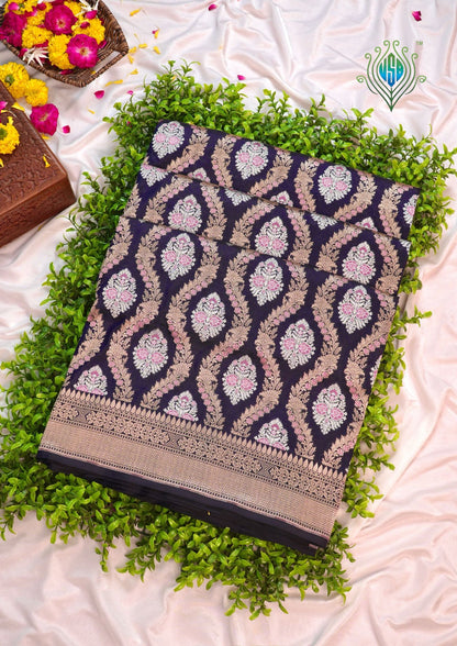 VIRASAT 211A: Pure Handloom Silk Sona Rupa Meenakari Jaal Saree Ink Blue
