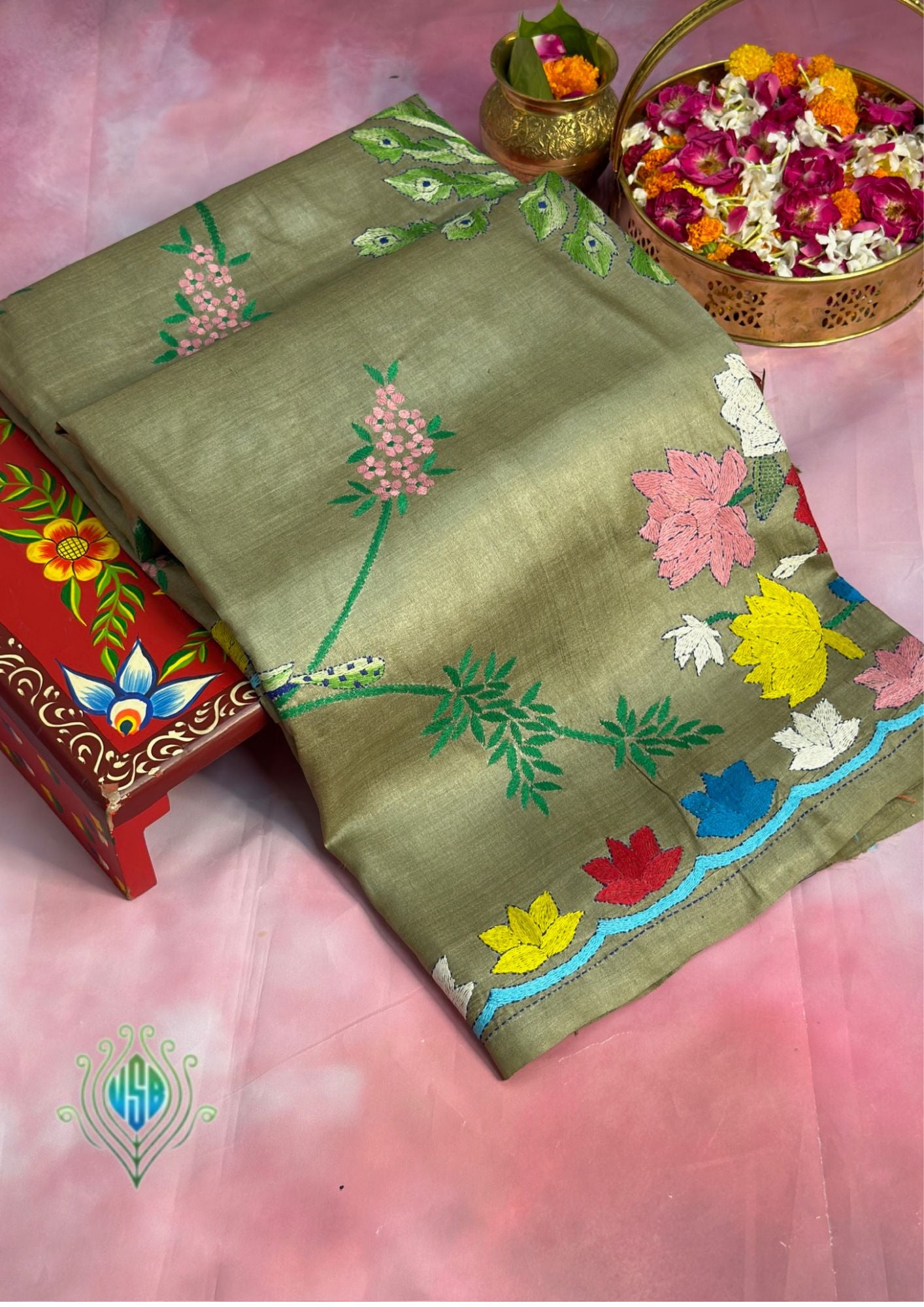 VIRASAT 359: Crocodile Green Pure Tussar Silk Saree with Peacock &amp; Floral Cross Stitch Work | Silk Mark Certified