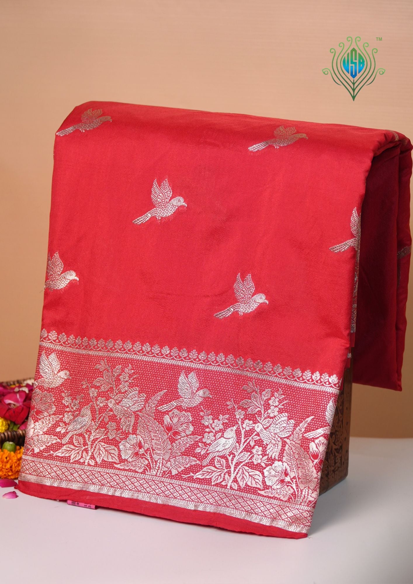 Waah Banaras 182: Royal Red Semi Katan Silk Saree With Beautiful Bird Border