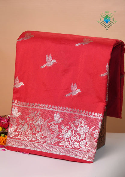 Waah Banaras 182: Royal Red Semi Katan Silk Saree With Beautiful Bird Border